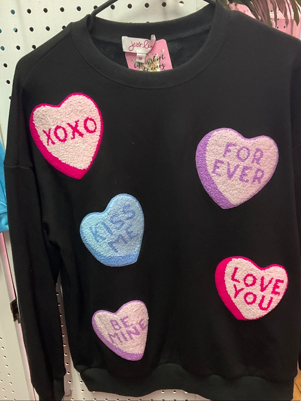 Jess Lively Black Crewneck Sweater with Pastel Conversation Hearts